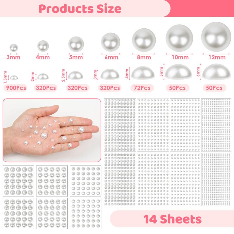 Caffox 7 Sizes Self Adhesive Ivory White Hair Pearl Stickers, Caffox 2032 Pieces Stick on Pearls Gems for Hair, Face, Makeup, Eye, Crafts, Wedding - Image 3